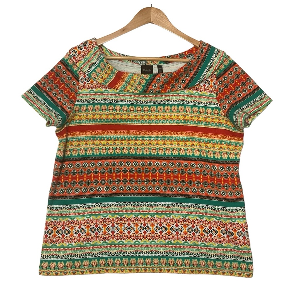 RAFAELLA sz Large Petite Top Round Collar Short Sleeves Stripes Yellow Green